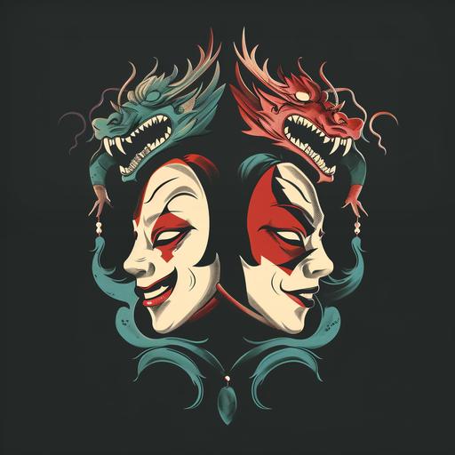 an icon illustration of two jester masks of one being sad and anotehr being happy. One mask has a dragon detail design while the other one has a katana design on it. One dragon crimson red while the other dragon is a blue dragon --v 6.0