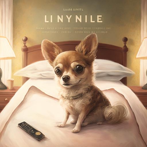 an illustrated childrens book - the cover - a fluffy brown, senior blind Chihuahua on a bed in a hotel - text of the title “laynie’s first hotel”