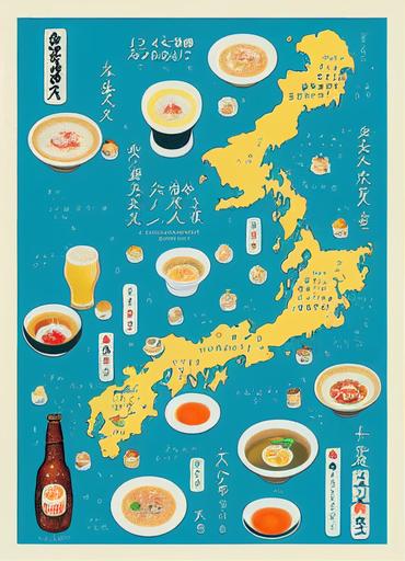 an illustrated map of japan, from hokkaido to okinawa, made from japanese beers, osake, ramen, okonomiyaki, sushi, tempura, sukiyaki, yakitori, cold frosty mug of beer --mp --test --creative --upbeta