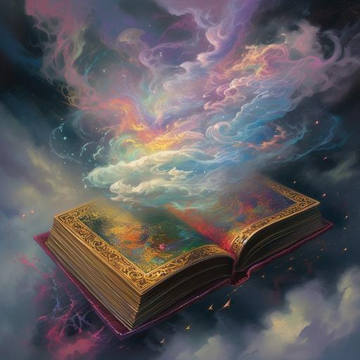 an illustration by Aaron J Riley, Bob Kehl, Stanley Artgerm Lau, of a fantasy Wizard’s spell book open with a spell materializes from the pages, in the symbolic form of a multi-colored cloud and glitter, cut out, neutral background --ar 2:2 --s 600 --v 5