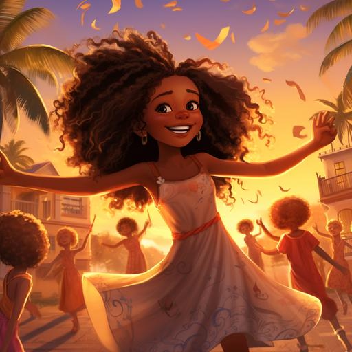 an illustration for a children's book featuring a little black girl with an Afro, dancing with the wind at Sunset, in the Caribbean, displaying a exuberant smile. setting is warm and inviting. she is surrounded by her beautiful black family in love