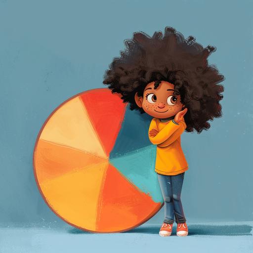 an illustration for a children's book featuring a little black girl with an Afro standing next to and leaning on a large feelings wheel.
