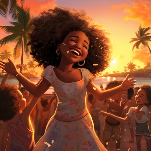 an illustration for a children's book featuring a little black girl with an Afro, dancing with the wind at Sunset, in the Caribbean, displaying a exuberant smile. setting is warm and inviting. she is surrounded by her beautiful black family in love
