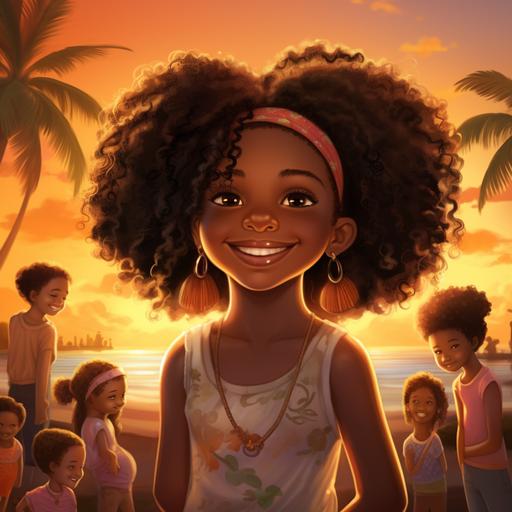 an illustration for a children's book featuring a little black girl with an Afro at Sunset, in the Caribbean, displaying a exuberant smile. setting is warm and inviting. she is surrounded by her beautiful black family in love