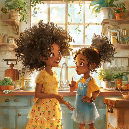 an illustration for a children's book of a little black girl with an Afro standing in the kitchen talking to her mom.. she is bright eyes and enthusiastic while he mom chuckles and is in awe of her daughter.. the setting is in a vibrant island kitchen with lots of wood and plants in the background