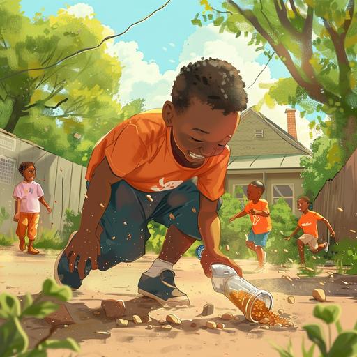 an illustration for a children's book of a teenage black boy, with a vibrant and excited look, stooping down in his yard filling an empty soda bottle with pebbles.. the setting is in a yard with dirt floor and a house and trees in the background and other children running around