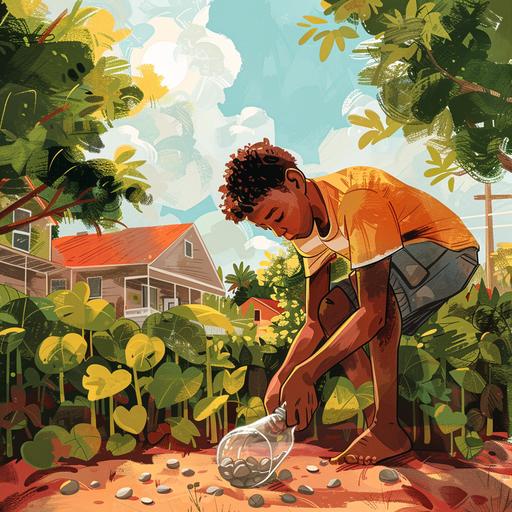 an illustration for a children's book of a teenage black boy, stopping down in his yard filling an empty soda bottle with pebbles.. the setting is on a vibrant island with trees and sun in the background