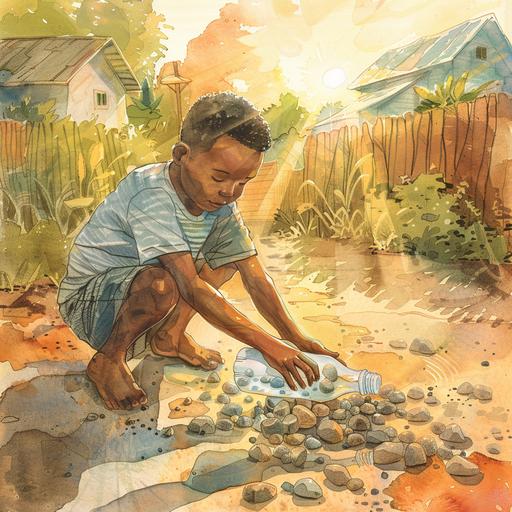 an illustration for a children's book of a teenage black boy, stopping down in his yard filling an empty soda bottle with pebbles.. the setting is on and island, in a yard with dirt floor and a house and sun in the background