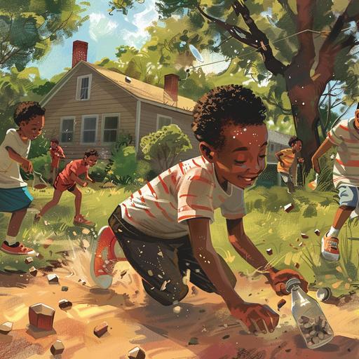 an illustration for a children's book of a teenage black boy, with a vibrant and excited look, stooping down in his yard filling an empty soda bottle with pebbles.. the setting is in a yard with dirt floor and a house and trees in the background and other children running around