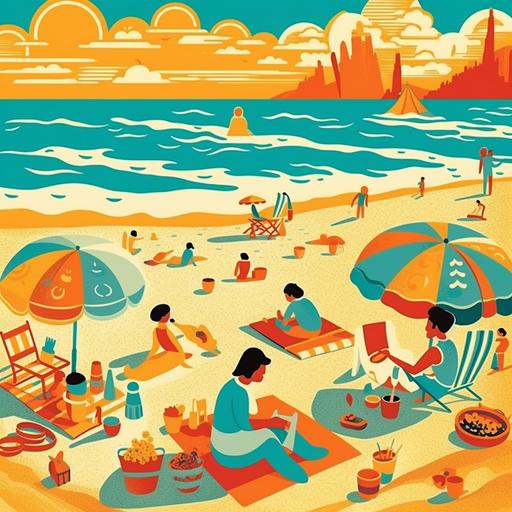 an illustration for a whimsical cartoon-styled beach picnic scene. This lively image should depict a sandy shoreline with gentle turquoise and aqua waves rolling onto the beach, providing a serene background. In the foreground, craft a group of cut-out silhouette figures gathered around a vibrantly colored picnic blanket spread on the warm, sunny yellow and orange sand. Make the figures appear joyful, contributing to the playful atmosphere of the scene. Scatter some beach accessories such as a red cooler, a blue beach umbrella, and colorful beach balls around the picnic area. These items should pop against the tranquil background, drawing viewers' eyes with their bold colors. Design the scene with symmetrical asymmetry, using negative space to highlight the key elements. --s 250