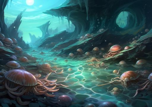an illustration in a mixed style by Aaron J Riley and Bob Kehl and Stanley Artgerm Lau, a warm rock pools fill with the tidal water and life in these micro universes rapidly develops. Ecto skeletal and Ento skeletal creatures mix with molluscs. Small crabs and starfish crawl into existence. a prehistoric environment, volumetric lighting --ar 14:10 --s 600 --no humans