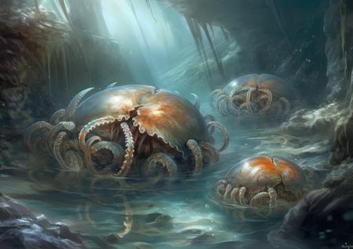an illustration in a mixed style by Aaron J Riley and Bob Kehl and Stanley Artgerm Lau, a warm rock pools fill with the tidal water and life in these micro universes rapidly develops. Ecto skeletal and Ento skeletal creatures mix with molluscs. Small crabs and starfish crawl into existence. a prehistoric environment, volumetric lighting --ar 14:10 --s 600 --no humans --v 5 --s 50