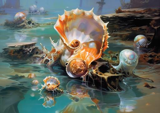 an illustration in a mixed style by Aaron J Riley and Bob Kehl and Stanley Artgerm Lau, a warm rock pools fill with the tidal water and life in these micro universes rapidly develops. Ecto skeletal and Ento skeletal creatures mix with molluscs. Small crabs and starfish crawl into existence. a prehistoric environment, volumetric lighting --ar 14:10 --s 400 --no humans