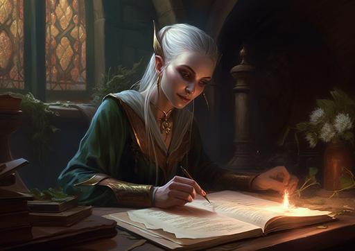 an illustration in the mixed style of Aaron J Riley and Bob Kehl and Stanley Artgerm Lau of the Queen of the Elves character locked in a tower room writing a beautiful scroll with Elvish writing, the beautiful tall Queen of the Elves with pointed ears::20 and blonde hair, she sits and writes with a quill, there are lots of written scrolls and sheets of paper all over the floor --ar 14:10 --s 300 --v 5