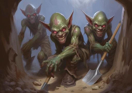 an illustration in the mixed style of Aaron J Riley and Bob Kehl and Stanley Artgerm Lau of a three small fantasy green skinned goblin characters trying to dig through a mud wall, the goblins with green skin are covered in mud in their efforts to escape their underground environment, no sunlight reaches the green skin of the goblins, Warhammer style --ar 14:10 --no sunlight