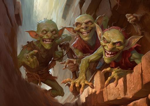 an illustration in the mixed style of Aaron J Riley and Bob Kehl and Stanley Artgerm Lau of a three small fantasy green skinned goblin characters trying to dig through a red mud wall, the goblins with green skin are covered in the terracotta mud in their efforts to escape their underground environment, no sunlight reaches the green skin of the goblins, Warhammer style --ar 14:10 --v 5.1