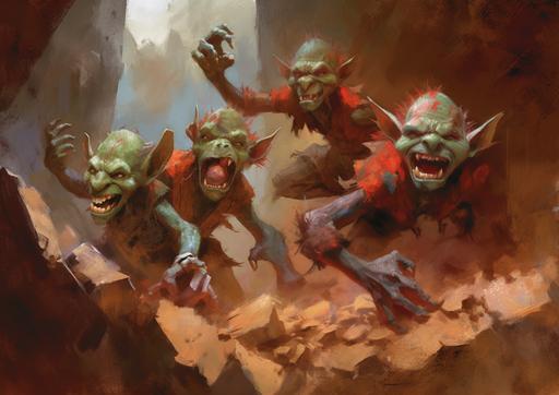 an illustration in the mixed style of Aaron J Riley and Bob Kehl and Stanley Artgerm Lau of a three small fantasy green skinned goblin characters trying to dig through a red mud wall, the goblins with green skin are covered in the terracotta mud in their efforts to escape their underground environment, no sunlight reaches the green skin of the goblins, Warhammer style --ar 14:10 --v 5.1