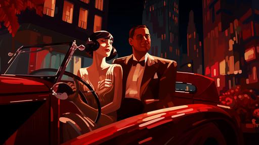 an illustration of Daisy and Gatsby arrive for the party in car on streets of New York, the Great Gatsby, prophylactic elaboration cybernetic holographic opulent retrofuturistic, jazz age, flapper culture, 1920s, dark burnt umber and red, off-Broadway, Anna Bocek --style raw --ar 16:9 --version 5.2