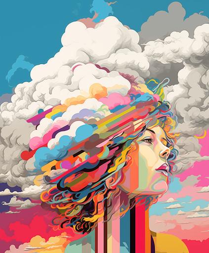 an illustration of a big cloud, cutout, no background, bold designer line, shapes prints layered upon each other, textures in the style of colorful mixed-media collages, comic book, highly detailed, bohemian, grunge, graffiti, fauvism, modern art, illusory wallpaper, layered patterns, bright luster, many colors --ar 50:60