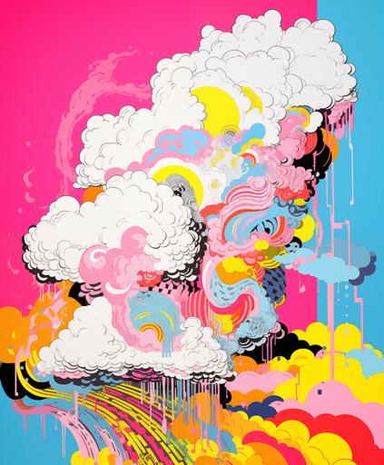 an illustration of a big cloud, cutout, no background, bold designer line, shapes prints layered upon each other, textures in the style of colorful mixed-media collages, comic book, highly detailed, bohemian, grunge, graffiti, fauvism, modern art, illusory wallpaper, layered patterns, bright luster, many colors --ar 50:60