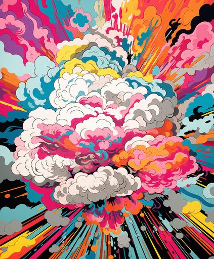 an illustration of a big cloud, cutout, no background, bold designer line, shapes prints layered upon each other, textures in the style of colorful mixed-media collages, comic book, highly detailed, bohemian, grunge, graffiti, fauvism, modern art, illusory wallpaper, layered patterns, bright luster, many colors --ar 50:60