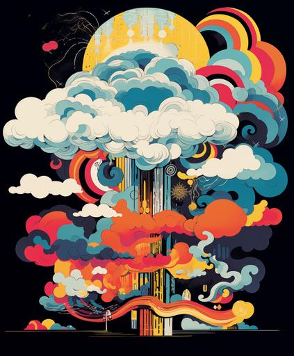 an illustration of a big cloud, cutout, no background, bold designer line, shapes prints layered upon each other, textures in the style of colorful mixed-media collages, comic book, highly detailed, bohemian, grunge, graffiti, fauvism, modern art, illusory wallpaper, layered patterns, bright luster, many colors --ar 50:60