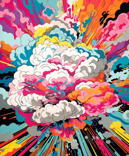 an illustration of a big cloud, cutout, no background, bold designer line, shapes prints layered upon each other, textures in the style of colorful mixed-media collages, comic book, highly detailed, bohemian, grunge, graffiti, fauvism, modern art, illusory wallpaper, layered patterns, bright luster, many colors --ar 50:60