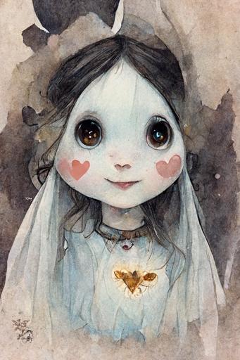 an illustration of a cute ghost princess, big anime eyes   kawaii, cute, cartoon   white moths, tiny hearts   in the style of Jean-Baptiste Monge, Lera Kiryakova --ar 2:3