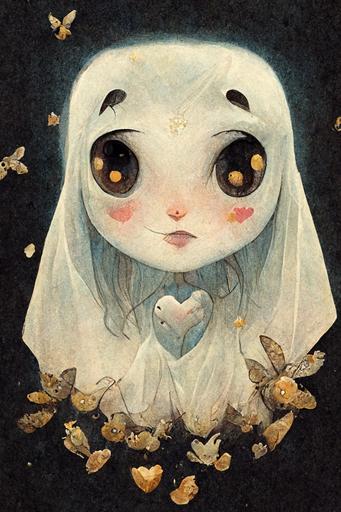 an illustration of a cute ghost princess, big anime eyes   kawaii, cute, cartoon   white moths, tiny hearts   in the style of Jean-Baptiste Monge, Lera Kiryakova --ar 2:3