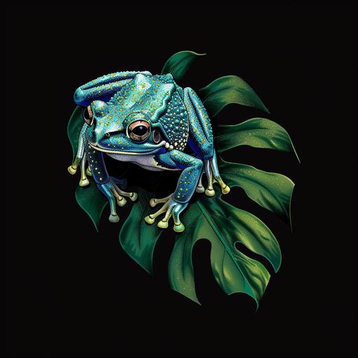 an illustration of a frog on a tropical plant leaf in a 3D pointillism style floating in a black background