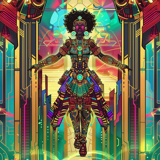 an illustration of a full-body radiant cyborg cyberpunk afrofairy goddess in art deco clothing ghanaian kente cloth hyper detail afrofuturistically. --v 6.0