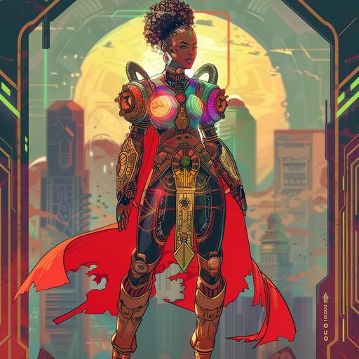 an illustration of a full-body radiant cyborg cyberpunk afrofairy goddess in art deco clothing ghanaian kente cloth hyper detail afrofuturistically. --v 6.0