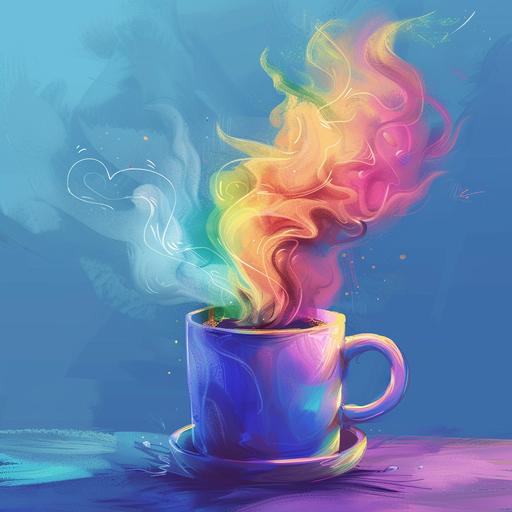 an illustration of a hot blue color coffee mug , fuming colorful fumes in blue, orange, yellow, green, purple and pink