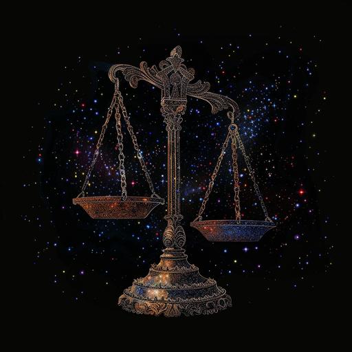 an illustration of a justice scale in a 3D pointillism style floating in a black background