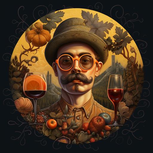 an illustration of a man with glasses and mustache and cheese with wine bottle, in the style of floral surrealism, rounded, warm tones, tondo, dark colors, environmental portraiture, made of vines