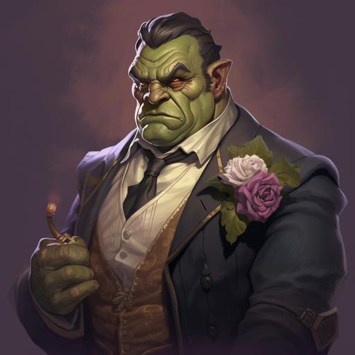 an illustration of a ogre dressed like a mobster with a black flower on the lapel in the style of dungeons and dragons character art