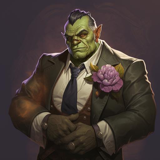 an illustration of a ogre dressed like a mobster with a black flower on the lapel in the style of dungeons and dragons character art