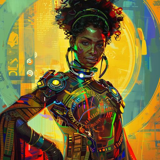 an illustration of a radiant cyborg cyberpunk afrofairy goddess in art deco clothing ghanaian kente cloth hyper detail afrofuturistically. --v 6.0