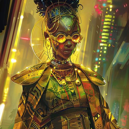 an illustration of a radiant cyborg cyberpunk afrofairy goddess in art deco clothing ghanaian kente cloth hyper detail afrofuturistically. --v 6.0
