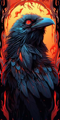 an illustration of a raven inside the head of a raven, in the style of dark cyan and red, intricate psychedelic landscapes, cryengine, furry art, dark yellow and orange, bold shadows, detailed hunting scenes 🎆 --ar 1:2