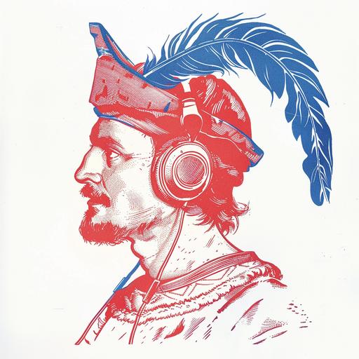 an illustration of a robin hood wearing headphones, on a white background, risograph print, two colour only red and blue --v 6.0