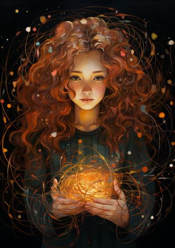 an illustration of a witch with light brown wavy hair weaving colorful threads in her hands --ar 5:7