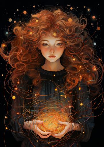 an illustration of a witch with light brown wavy hair weaving colorful threads in her hands --ar 5:7