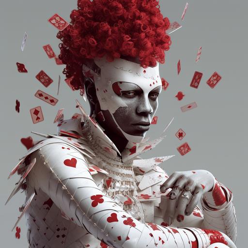an illustration of an african american man dressed as the king of ace wearing white and red playing cards, in the style of adam martinakis, realistic hyper-detailed portraits, liam sharp, uhd image, zhang jingna, cinestill 50d, realistic portraitures