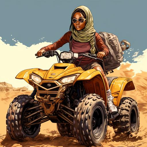 an illustration of an african girl on a quad bike, full picture with shade pf color,extremely detailed please