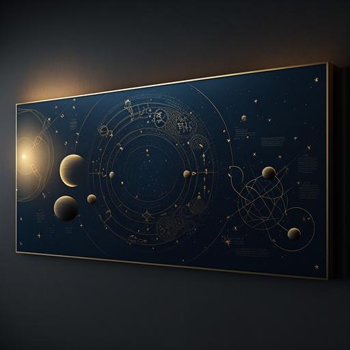 an image (40 x 24 cm) with a dark blue gradient background with golden astronomical figures all over resembling a sky map
