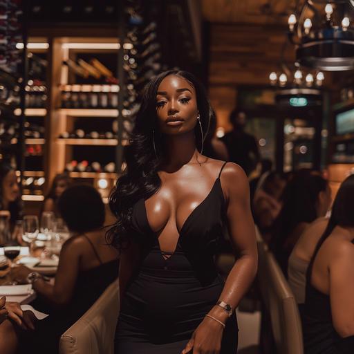 an image featuring a black beautiful Instagram baddie, glam make up, standing in an indoor setting, a restaurant with wine tasting, there are people seated around her. The photo resolution is dark aesthetic but iPhone camera lighting on woman, She is wearing a black, fitted knee-length dress with thin straps and a sweetheart neckline. The dress appears to have hints of glitter and attractive styled with a cinched waist. She has long, body wave black hair, styled over one shoulder. The woman is accessorizing with a watch on her left wrist, On her feet are clear, open-toed high heels. The background includes dark fancy wine shelves, --style raw --v 6.0
