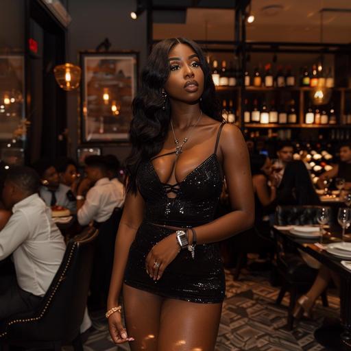 an image featuring a black beautiful Instagram baddie, glam make up, standing in an indoor setting, a restaurant with wine tasting, there are people seated around her. The photo resolution is dark aesthetic but iPhone camera lighting on woman, She is wearing a black, fitted knee-length dress with thin straps and a sweetheart neckline. The dress appears to have hints of glitter and attractive styled with a cinched waist. She has long, body wave black hair, styled over one shoulder. The woman is accessorizing with a watch on her left wrist, On her feet are clear, open-toed high heels. The background includes dark fancy wine shelves, --style raw --v 6.0