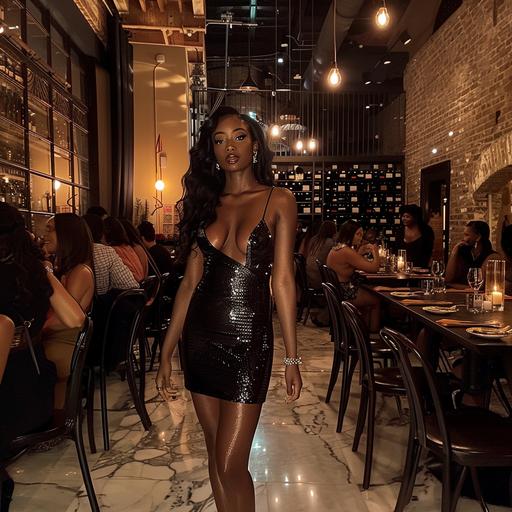 an image featuring a black beautiful Instagram baddie, glam make up, standing in an indoor setting, a restaurant with wine tasting, there are people seated around her. The photo resolution is dark aesthetic but iPhone camera lighting on woman, She is wearing a black, fitted knee-length dress with thin straps and a sweetheart neckline. The dress appears to have hints of glitter and attractive styled with a cinched waist. She has long, body wave black hair, styled over one shoulder. The woman is accessorizing with a watch on her left wrist, On her feet are clear, open-toed high heels. The background includes dark fancy wine shelves, --style raw