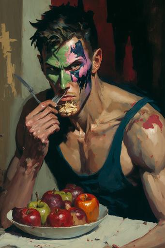 an image in the style of the artist Malcolm Liepke, a man in a Doberman mask breaks through a sheet painted with graffiti and pushes a needle into the hole of the sheet, carefully pink plates and apples are placed around the masked man, the walls of the room are painted with graffiti, detailing, detailed face, ultra-sharp focus, 8k, --ar 2:3 --q 2